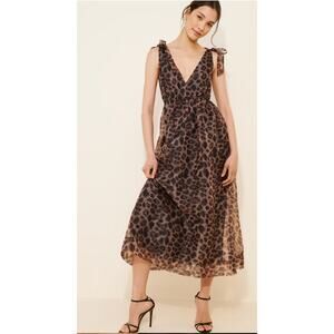 Anthropologie Daniel Rainn Leopard Organza Maxi Dress XL NWT V-Neck Tie Shoulder